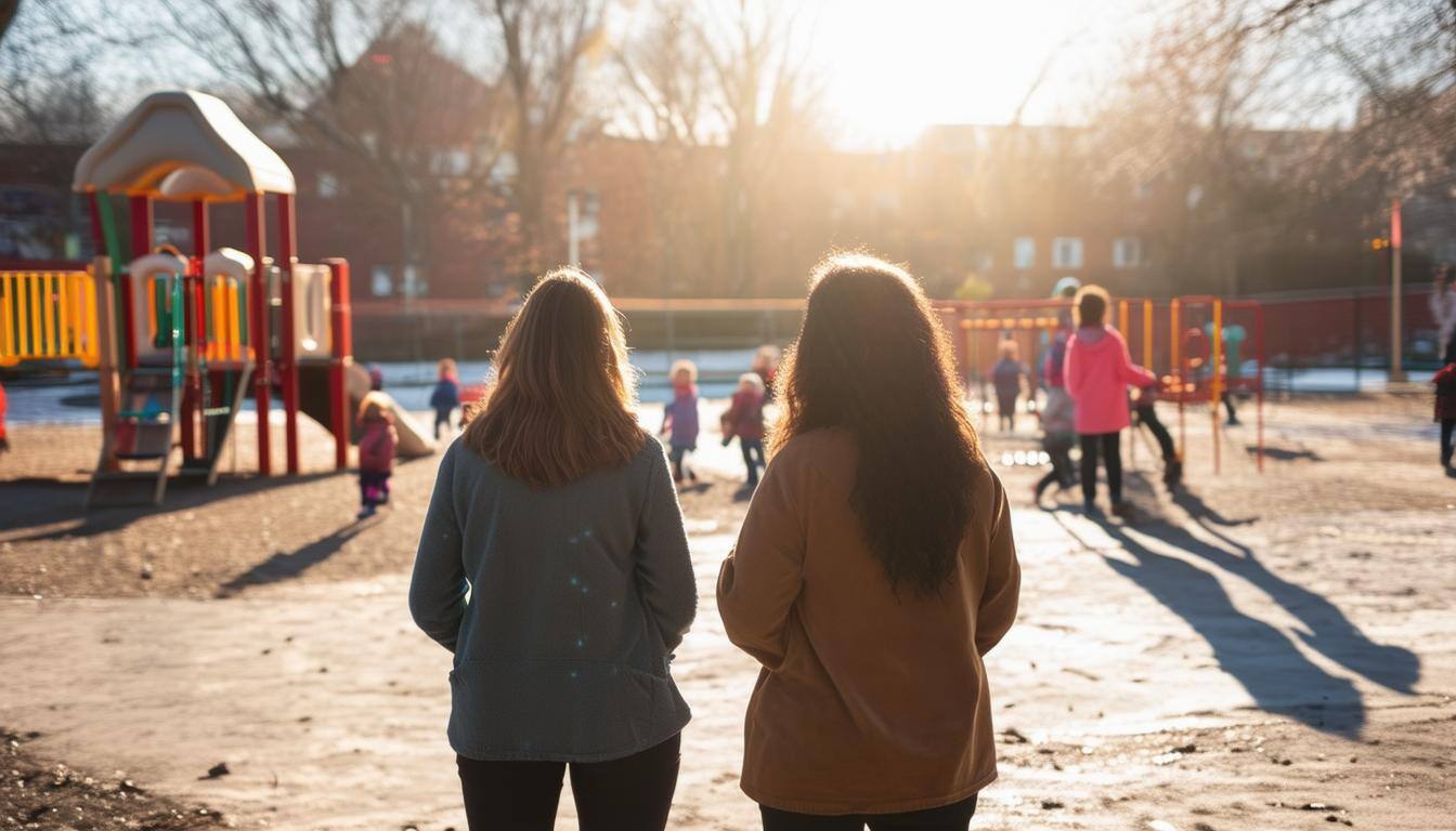 Two women standing next to each other with their backs facing the camera in conversation near a playground full of children on a chilly spring day wit