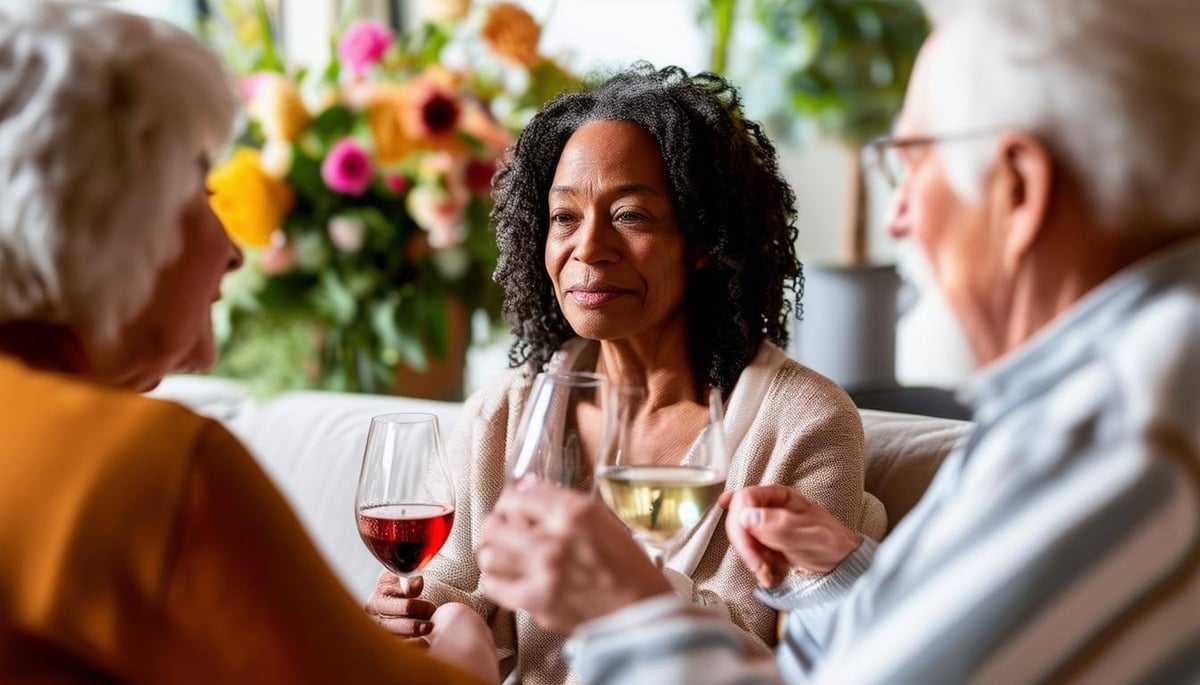 close up of three older adults having a glass of wine focusing on a woman of color sitting on a sofa surrounded by floral arrangements