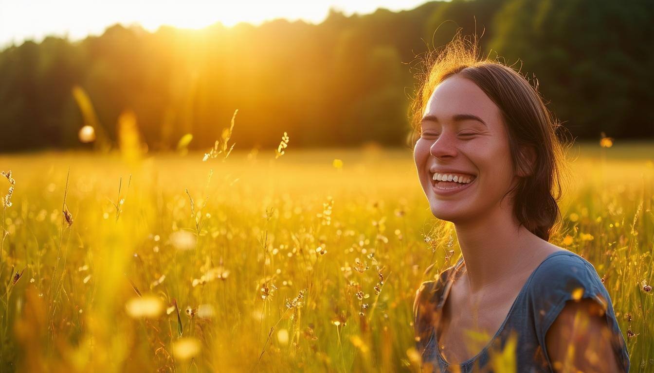 person smiling in the meadow with the sun hitting their face with a forest in the background