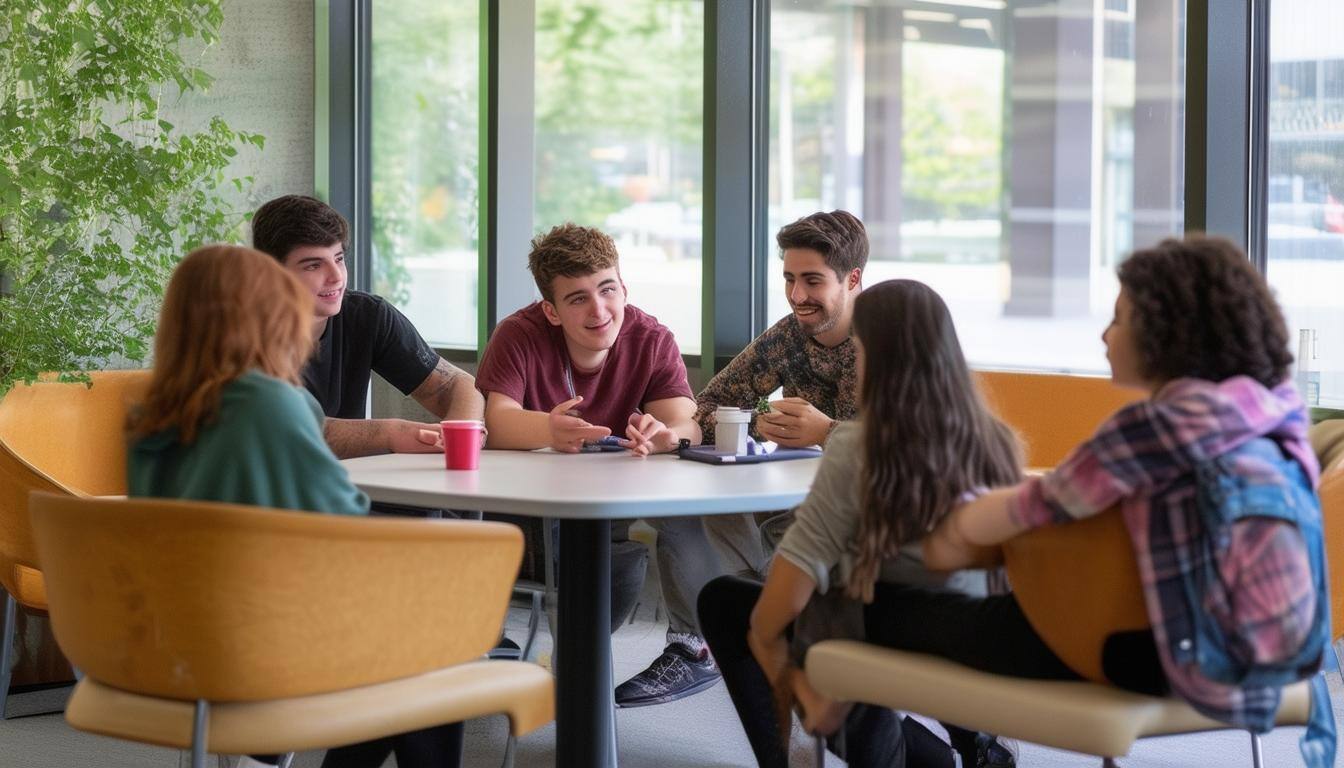 students around lounge table and chairs